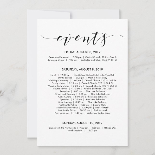 Beautiful Elegant Wedding Timeline/ Itinerary Card (Front)