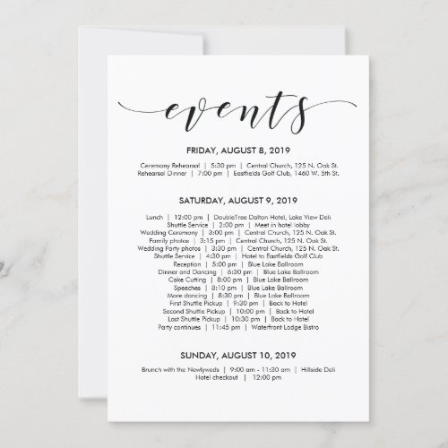 Beautiful Elegant Wedding Timeline Itinerary Card