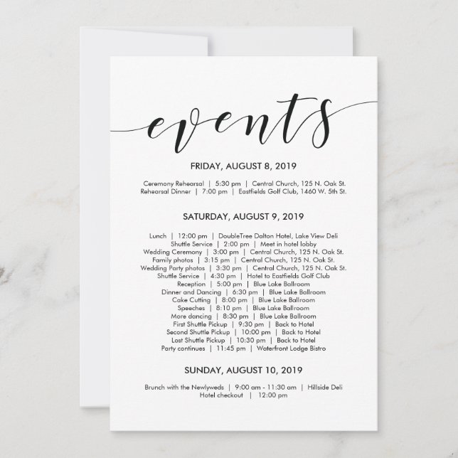 Beautiful Elegant Wedding Timeline/ Itinerary Card (Front)