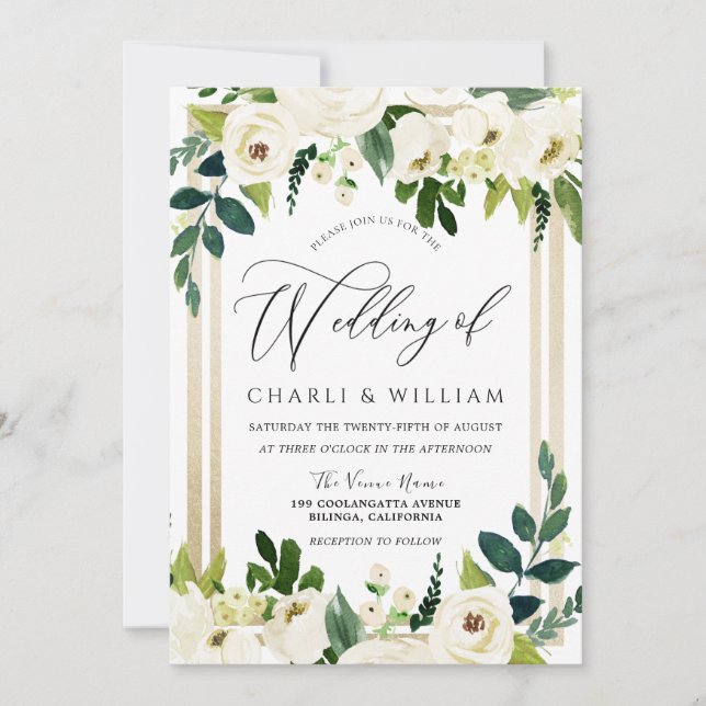 Beautiful Elegant White Floral Gold Wedding Invitation (Front)