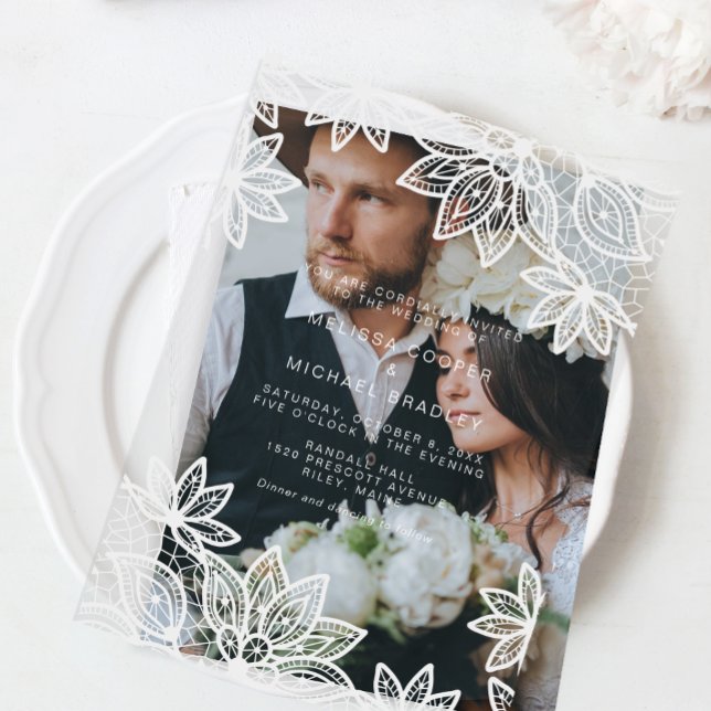 Beautiful Elegant White Lace Wedding Acrylic Invitations (Creator Uploaded)