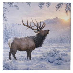 Beautiful Elk in the Snow Art Ceramic Tile