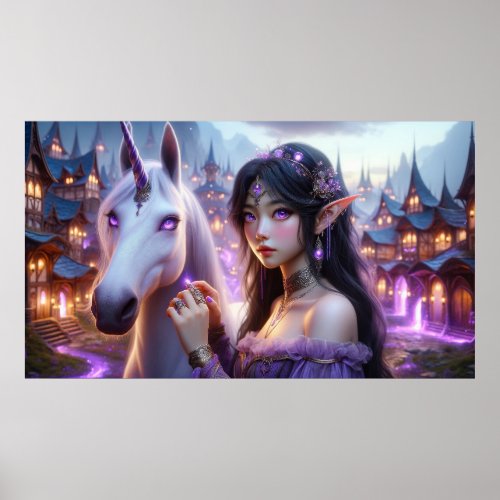 Beautiful Elven Princess and Her Elegant Unicorn Poster