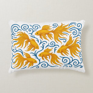 Beautiful embroidered golden fishes accent pillow