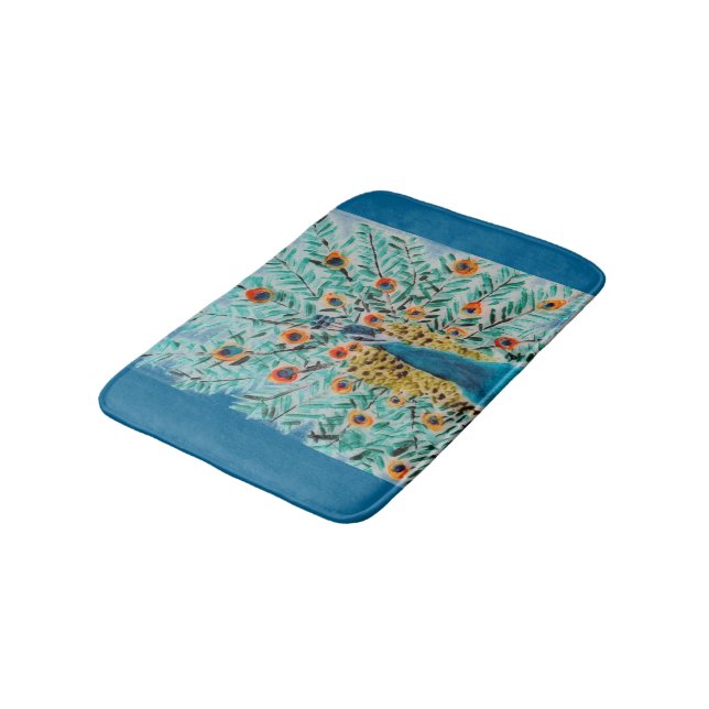 Beautiful Emerald Green and Turquoise Peacock Bathroom Mat (Angled)
