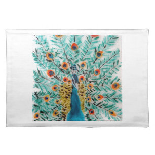 Beautiful Emerald Green and Turquoise Peacock Cloth Placemat
