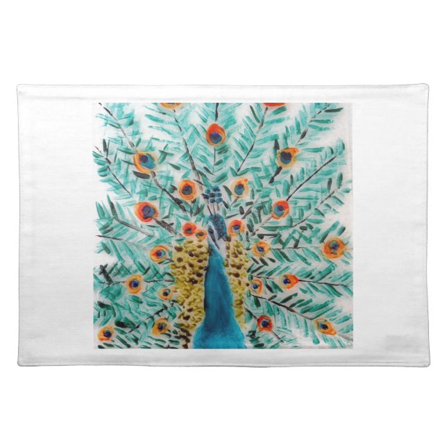 Beautiful Emerald Green and Turquoise Peacock Cloth Placemat (Front)