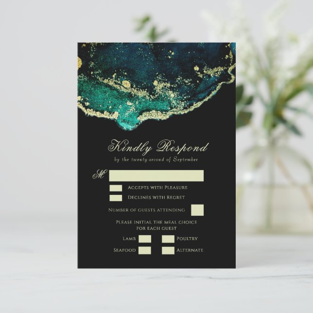 Beautiful Emerald Green Black Gold Wedding RSVP Card (Standing Front)