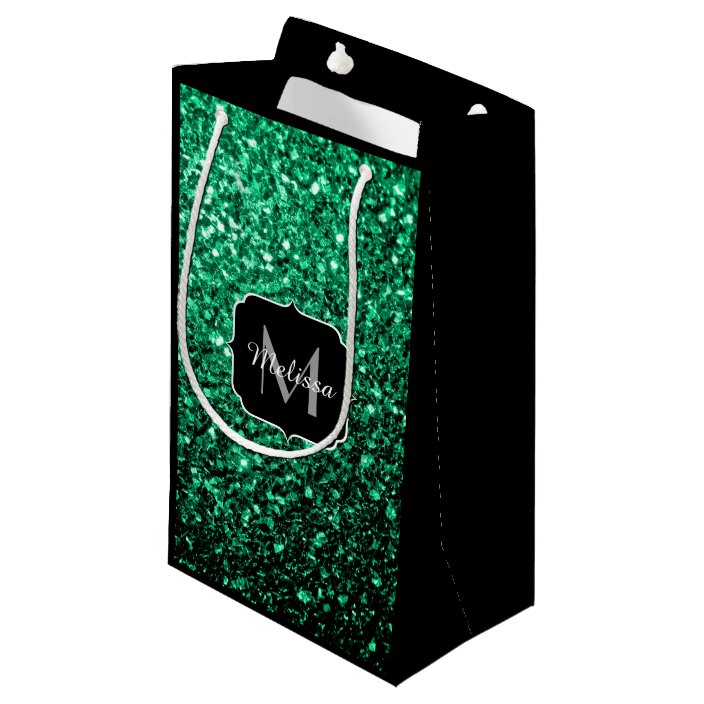 Beautiful Emerald Green glitter sparkles Monogram Small Gift Bag