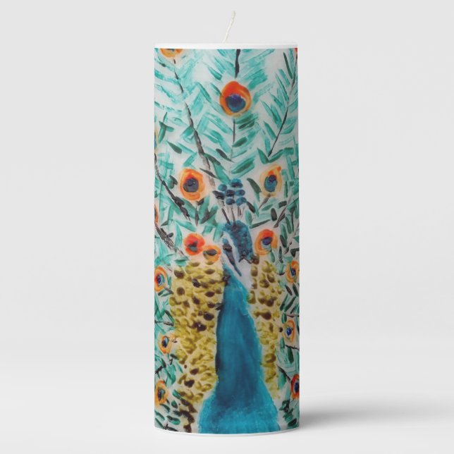 Beautiful Emerald Green,Turquoise Peacock Initials Pillar Candle (Front)