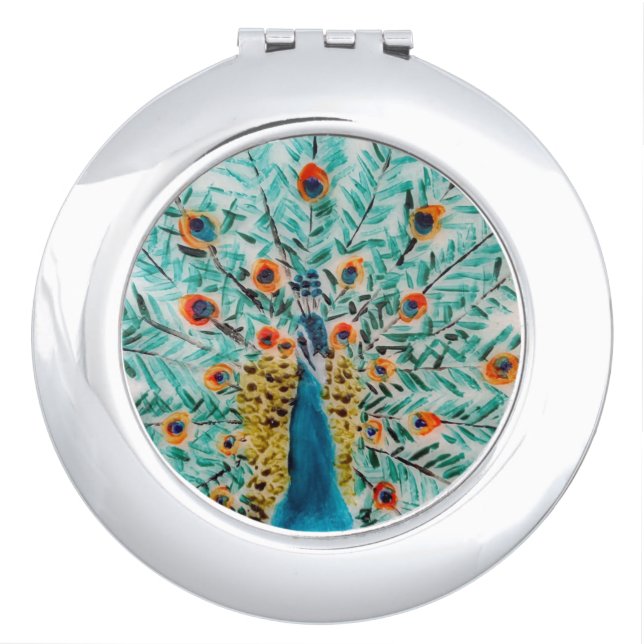 Beautiful Emerald Green, Turquoise Peacock Makeup Mirror (Front)