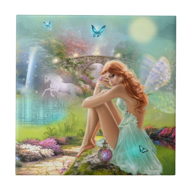 Beautiful Enchanted Fairy Garden & White Horse Ceramic Tile (Front)