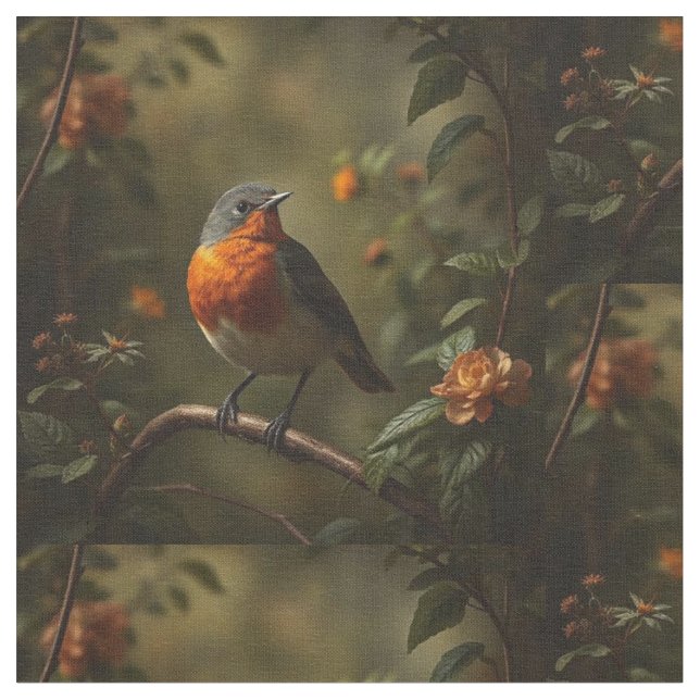 Beautiful English Robin in a Garden Fabric (Close Up)