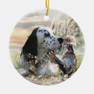 Beautiful English Setter with Pheasant ,  Art  Ceramic Ornament