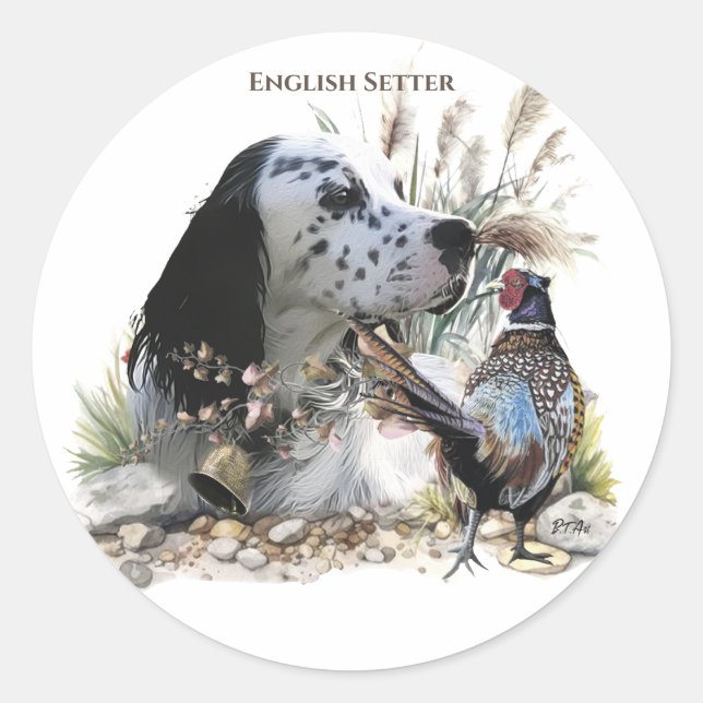 Beautiful English Setter with Pheasant ,  Art  Classic Round Sticker (Front)