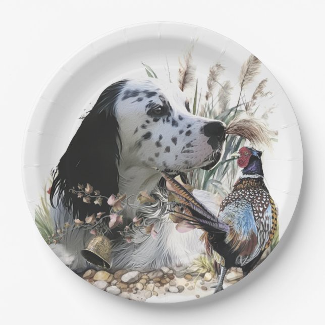 Beautiful English Setter with Pheasant ,  Art  Paper Plates (Front)