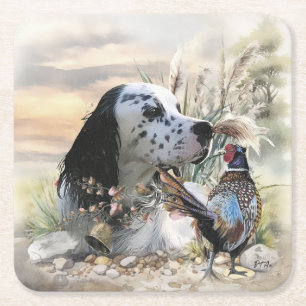 Beautiful English Setter with Pheasant , Art Square Paper Coaster
