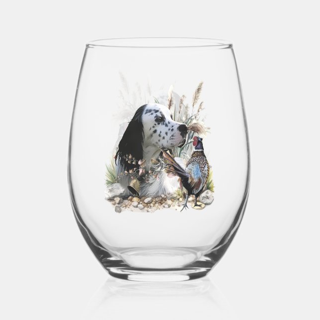 Beautiful English Setter with Pheasant ,  Art  Stemless Wine Glass (Back)