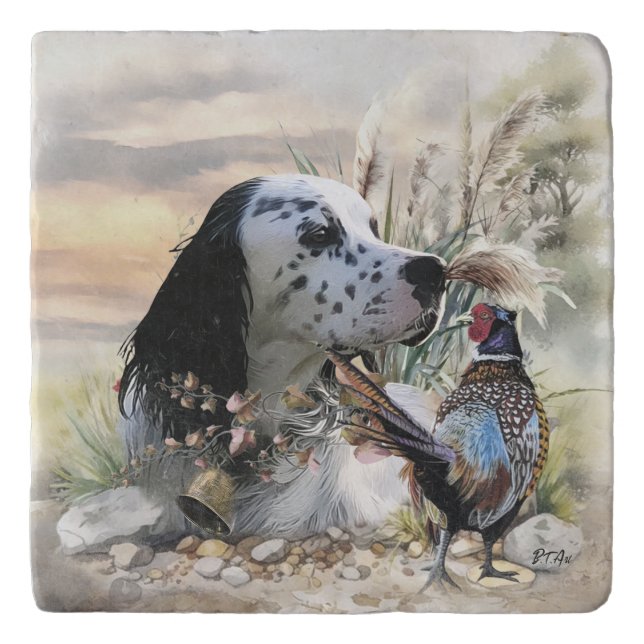 Beautiful English Setter with Pheasant ,  Art  Trivet (Front)