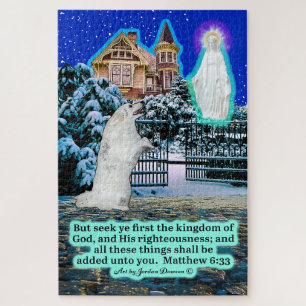 Beautiful Eskie and Angel Scripture Matthew 6:33 Jigsaw Puzzle