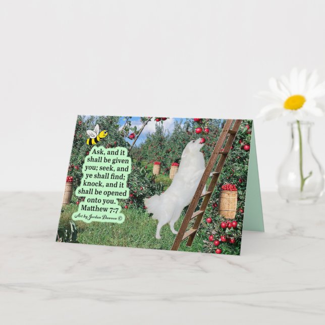 Beautiful Eskie and Orchard Scripture Matthew 7:7 Card (Small Plant)