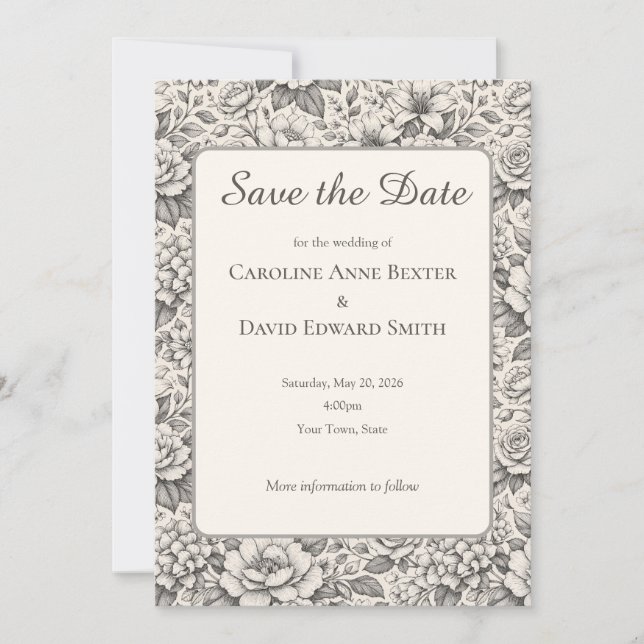 Beautiful Etched Charcoal Colored Flowers Classic  Invitation (Front)