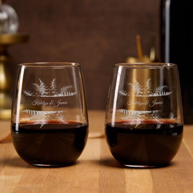 Beautiful Etched Fern Leaves & Personal Names  Stemless Wine Glass (Party)