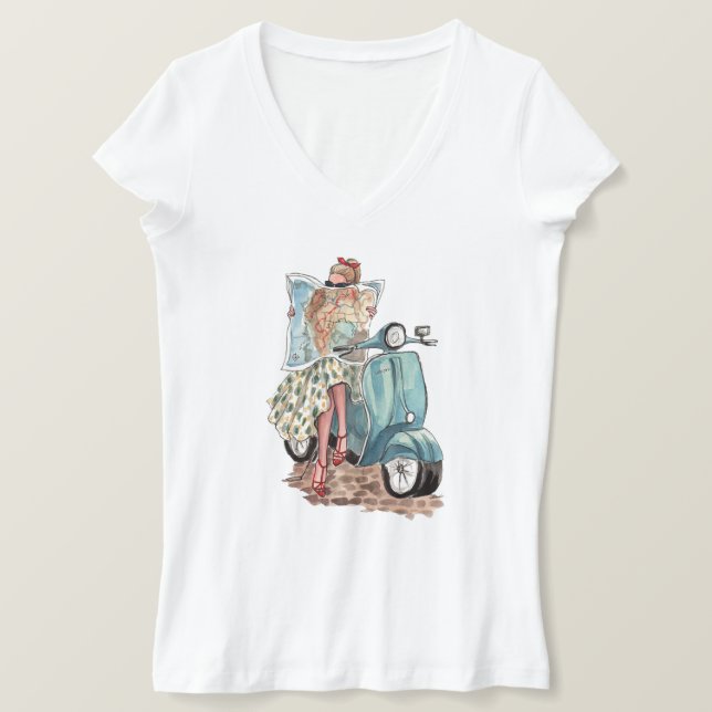 Beautiful European Traveler on Retro Vespa Moped T-Shirt (Design Front)