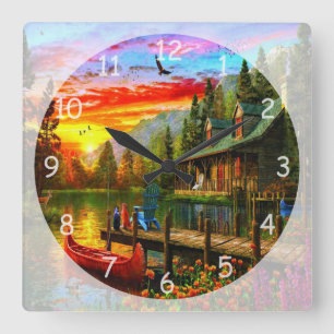 Beautiful Evening Sunset at the Cabin Square Wall Clock