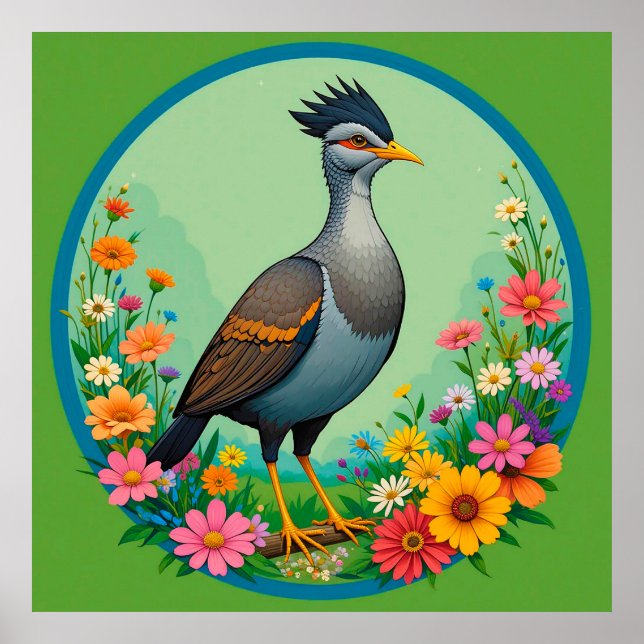 Beautiful Exotic Bird Resting Among Colorful Flowe Poster (Front)