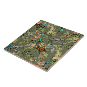 Beautiful exotic bird, Swamp Green background Ceramic Tile