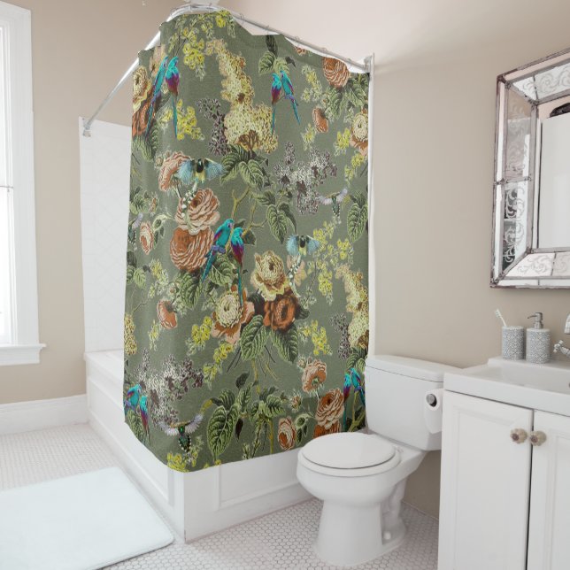 Beautiful exotic bird, Swamp Green background    Shower Curtain (In Situ)