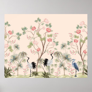Beautiful exotic chinoiserie wallpaper. Hand drawn Poster