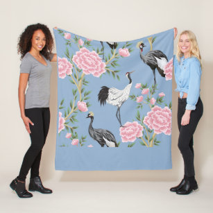 Beautiful exotic floral and bird chinoiserie fleece blanket