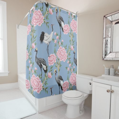 Beautiful exotic floral and bird chinoiserie shower curtain