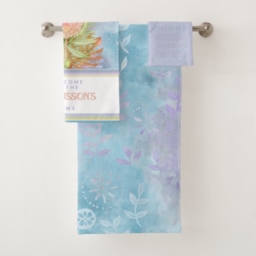 Beautiful exotic flowers on batik blue custom  bath towel set