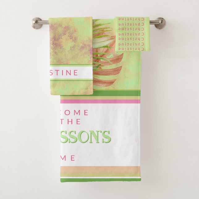 Beautiful exotic flowers on batik green custom bath towel set (Insitu)