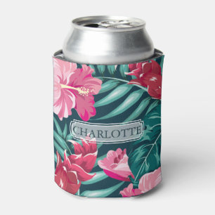 Beautiful Exotic Pink Flowers Monogram Can Cooler