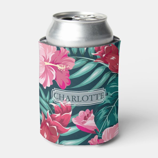 Beautiful Exotic Pink Flowers Monogram Can Cooler (Can Front)