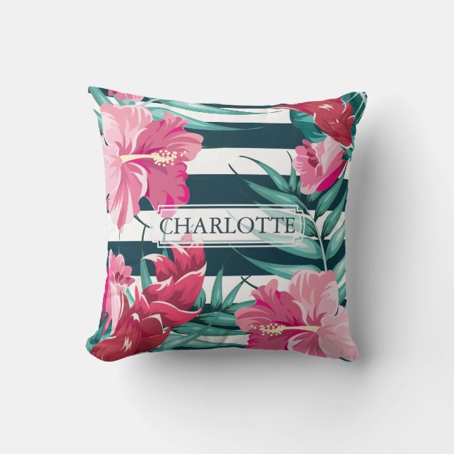 Beautiful Exotic striped Flowers Monogram Throw Pillow (Front)