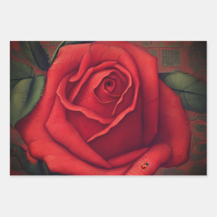  D-Story Red Flower Roses And Leaves Wrapping Paper for