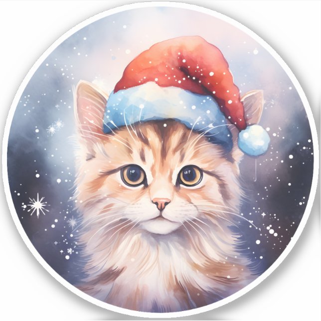 Beautiful Eyes Christmas Cat | Winter Snowy Night Sticker (Front)
