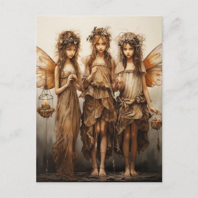 Beautiful Fairies Brown Dresses Glowing Candles   Postcard (Front)