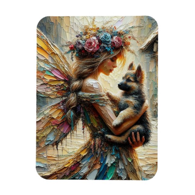 Beautiful Fairy And German Shepherd Puppy Magnet (Vertical)