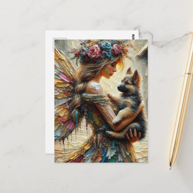 Beautiful Fairy And German Shepherd Puppy Postcard (Front/Back In Situ)