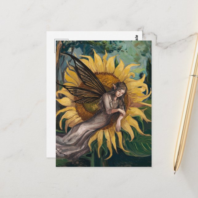 Beautiful Fairy Asleep on a Sunflower Postcard (Front/Back In Situ)