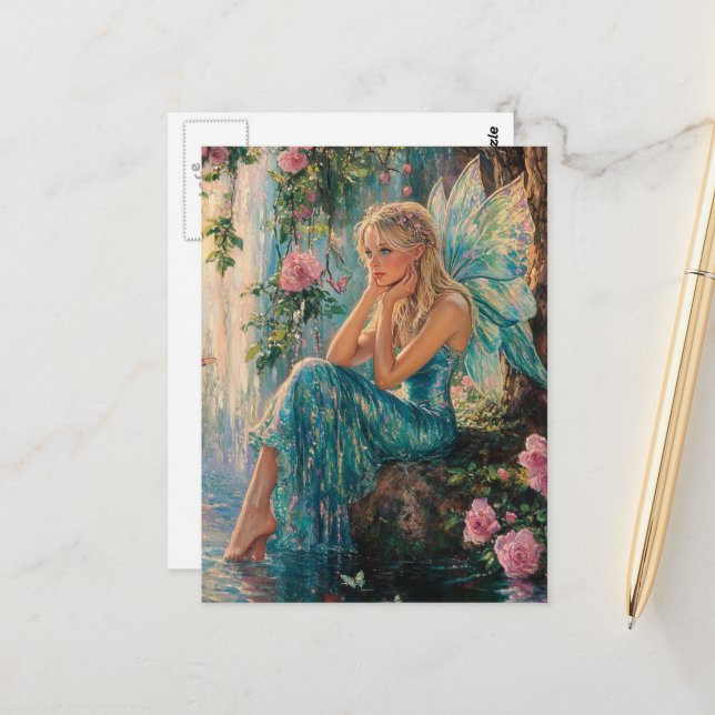 Beautiful Fairy at the Waterfall Postcard (Front/Back In Situ)