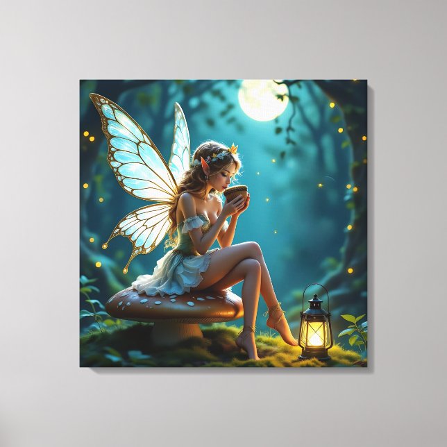 Beautiful Fairy Drinking Coffee Enchanted Forest Canvas Print (Front)