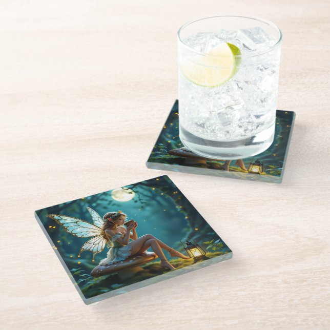 Beautiful Fairy Drinking Coffee Enchanted Forest Glass Coaster (Angled)