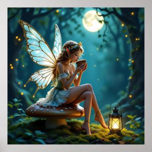 Beautiful Fairy Drinking Coffee Enchanted Forest Poster